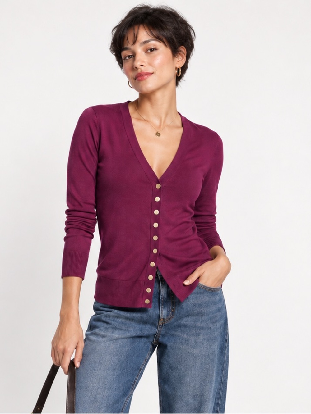 Zenana Dark Plum Gold Snap V Neck Cardigan Small